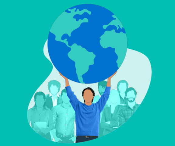 illustration of a man holding up planet earth in front of a crowd