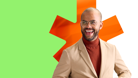 BDC employee in a dynamic pose on a green background and orange leaf