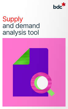 Illustration of a purple document and magnifying glass with the text Supply and Demand analysis tool