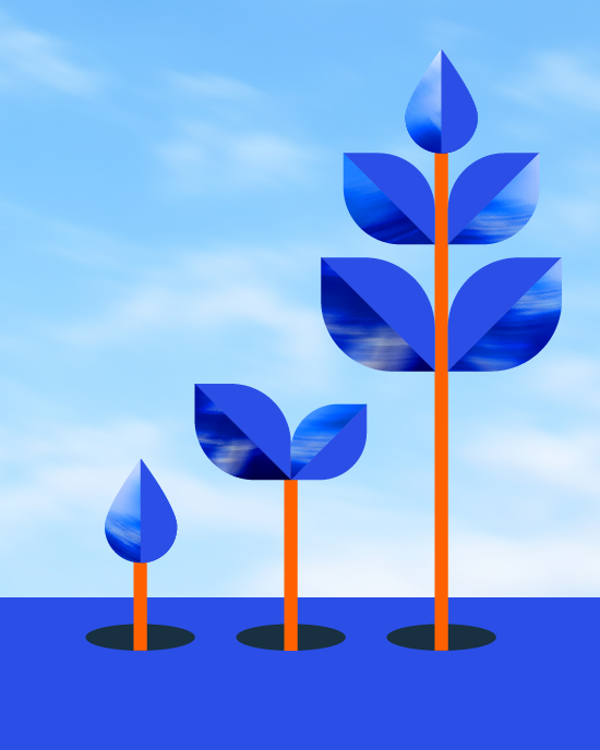 Illustration de trois étapes différentes de croissance des plantes en orange et bleu