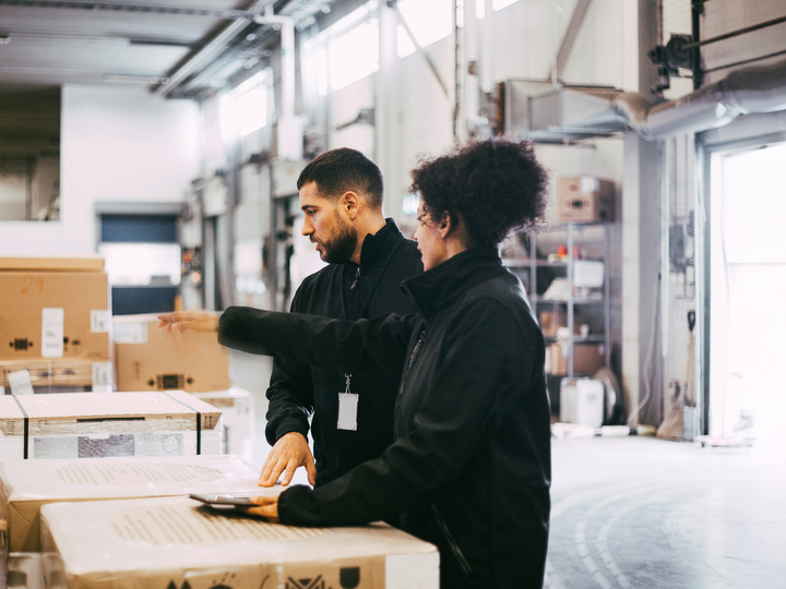 Businesswoman pointing while discussing with male colleague at warehouse